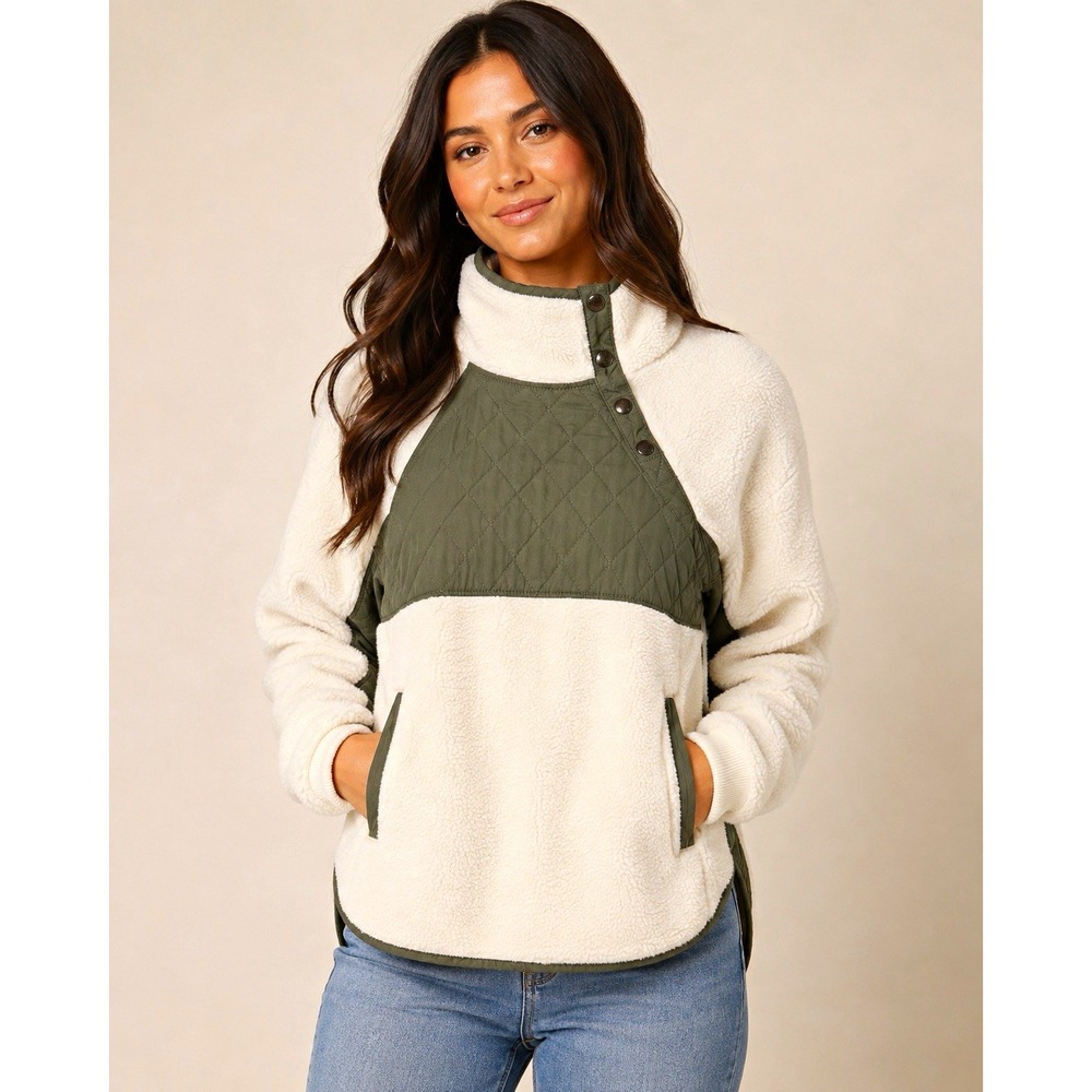 Abercrombie & Fitch Women Quilted Mock Neck Fleece Sherpa Pullover Ivory XXS